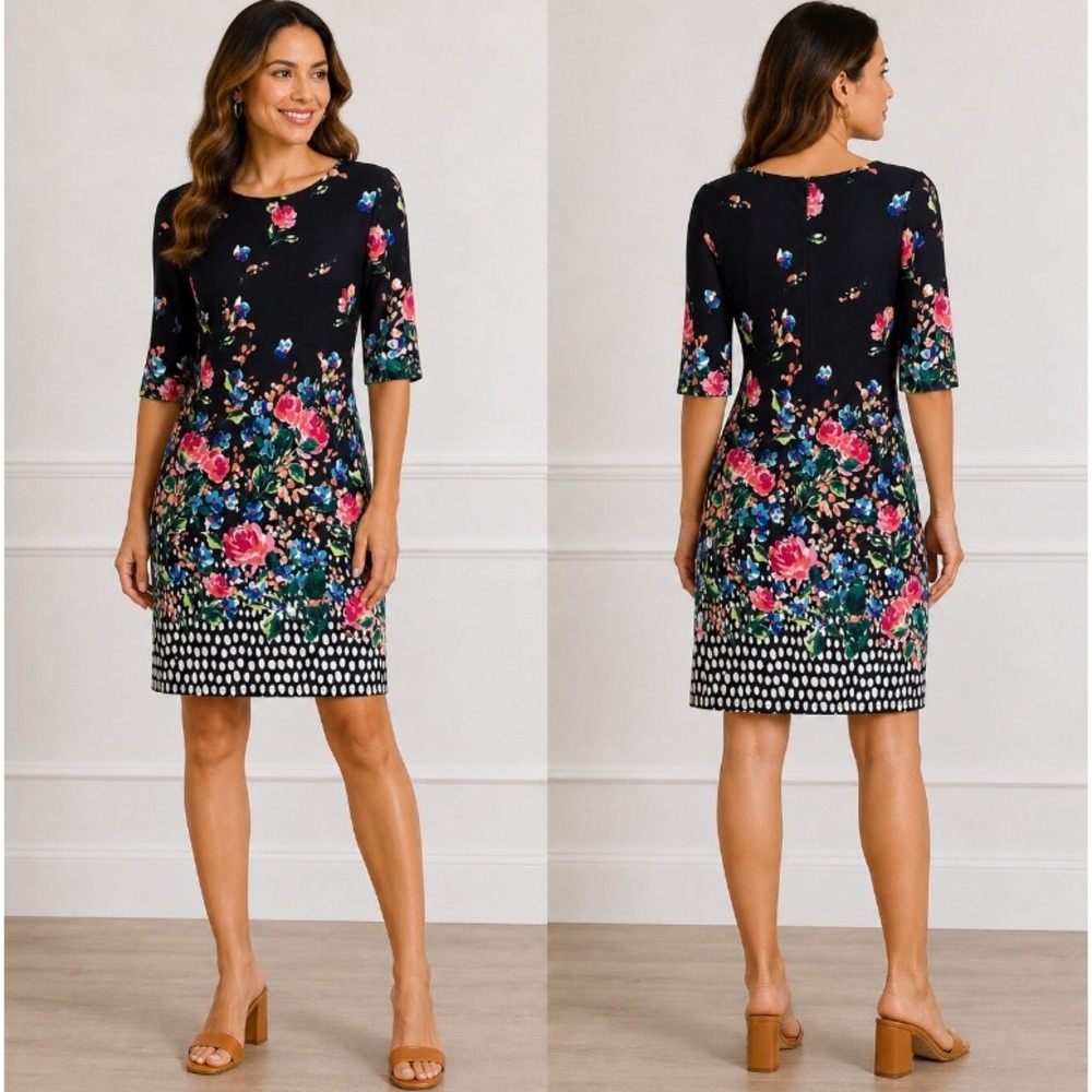 Eliza J Floral Sheath Dress Sz 4 Black Polka Dot Hem 3/4 Sleeve Garden Party